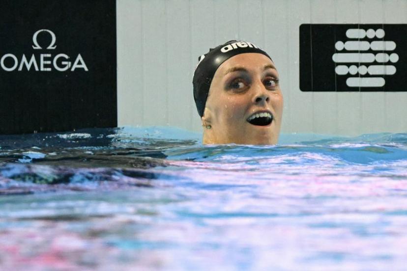Netherlands' swimmer Marrit Steenbergen reacts after winning the final of the women's 100m freestyle swimming event during the 2025 World Aquatics Championships in Singapore on August 1, 2025.  François-Xavier MARIT / AFP