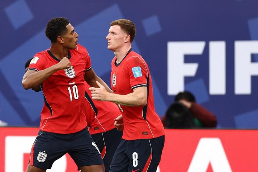 England's midfielder #10 Jude Bellingham celebrates scoring his team's first goal during the 2026 World Cup Group L football match between Panama and England at the New York/New Jersey Stadium in East Rutherford on June 27, 2026.   CHARLY TRIBALLEAU / AFP