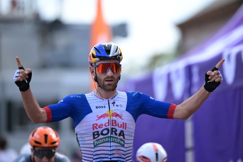 Red Bull-BORA-hansgrohe Belgian Jordi Meeus celebrates as he wins the first stage of the Tour De Wallonie cycling race, 180,7 km from Manage to Lobbes, on Monday 01 June 2026. BELGA PHOTO DAVID PINTENS