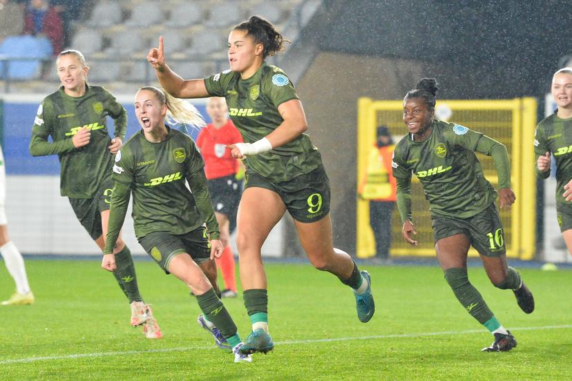 OHL Women's Jada Conijnenberg celebrates after scoring during a soccer match between Oud-Heverlee Leuven Women and Italian AS Roma, Thursday 20 November 2025 in Leuven, game 4 (out of 6) in the league phase of the UEFA Women's Champions League competition. BELGA PHOTO JILL DELSAUX