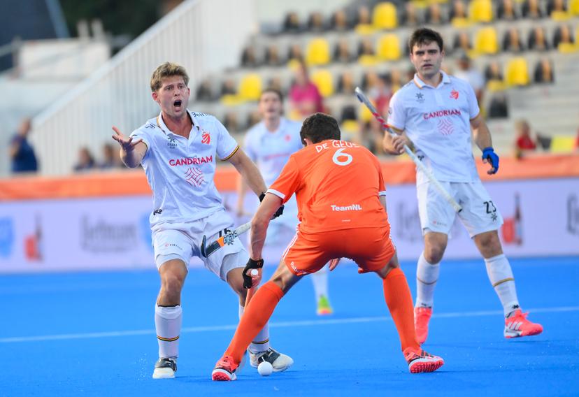 Belgium's Victor Wegnez reacts during a hockey game between Belgian national team Red Lions and The Netherlands, Saturday 27 June 2026 in Wavre, match 15/16 in the group stage of the men's FIH Pro League competition. BELGA PHOTO JOHN THYS
