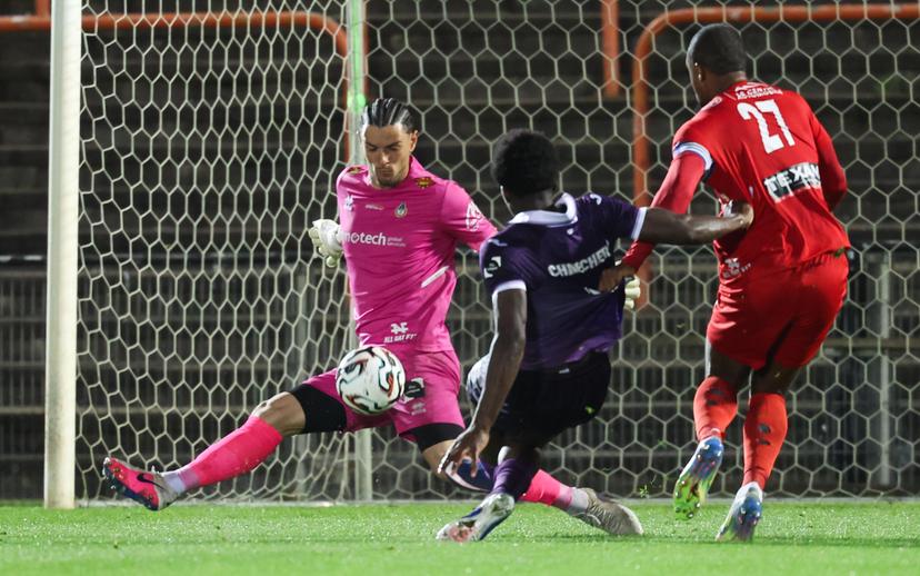 Olympic's goalkeeper Aitor Embela fights for the ball during a soccer game between RSCA Futures and Royal Olympic Charleroi, on Friday 17 April 2026 in Deinze, on day 34 of the 2025-2026 'Challenger Pro League' 1B second division of the Belgian championship. BELGA PHOTO VIRGINIE LEFOUR