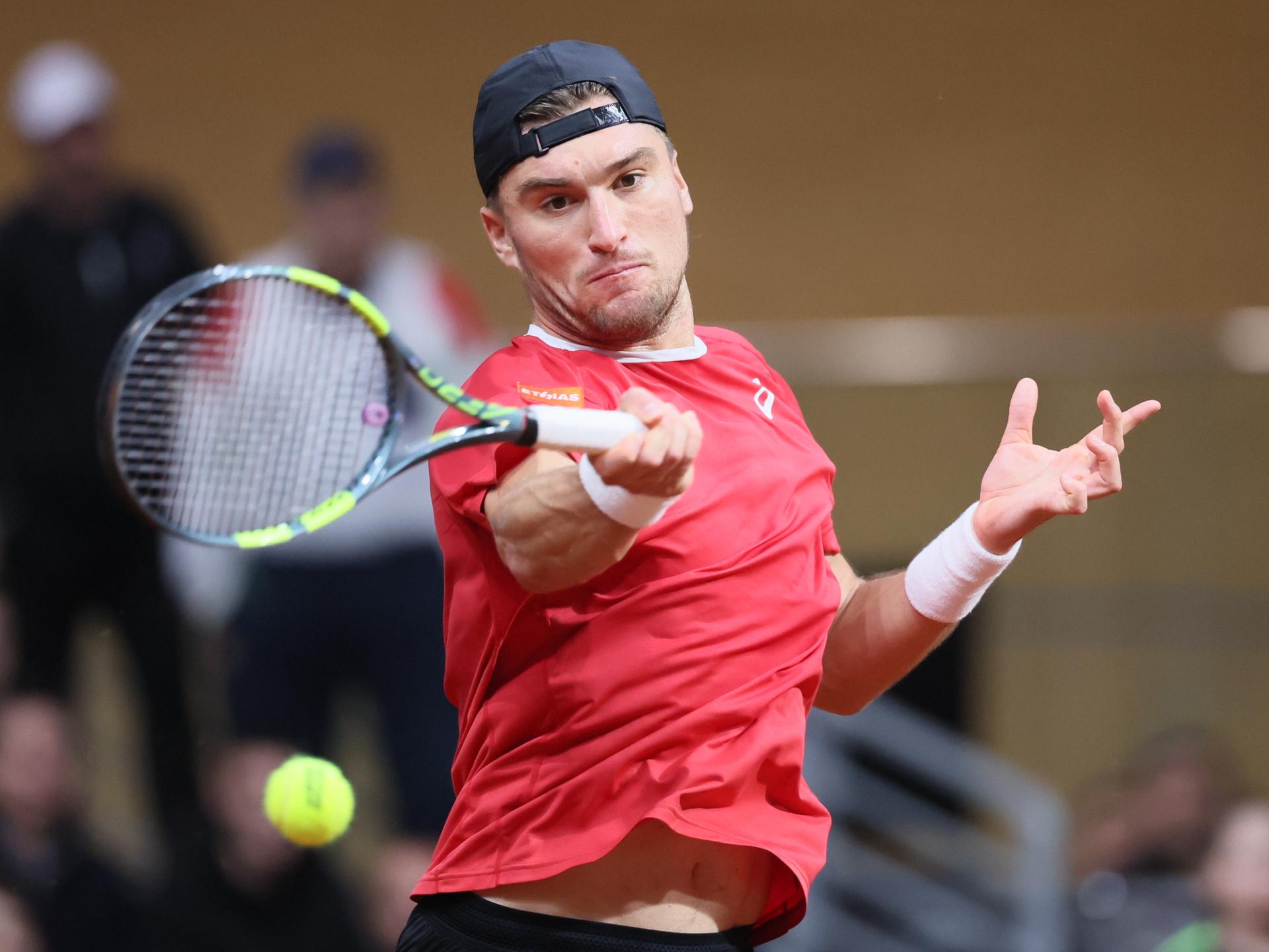 Belgian Raphael Collignon pictured in action during a tennis match against Bulgarian Vasilev, during the qualifier of the Davis Cup on Saturday 07 February 2026, in Plovdiv, Bulgaria. Belgium will compete this weekend in the Davis Cup qualifiers against Bulgaria. BELGA PHOTO BENOIT DOPPAGNE