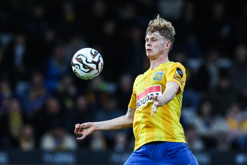 Westerlo's Arthur Piedfort pictured in action during a soccer match between KVC Westerlo and Standard de Liege, Tuesday 19 May 2026 in Westerlo, on the ninth day of the Europe Play-offs (PO2) of the 2025-2026 'Jupiler Pro League' first division of the Belgian championship. BELGA PHOTO BRUNO FAHY