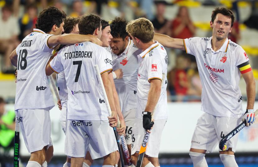 Belgium's Alexander Hendrickx celebrates after scoring during a hockey game between Belgian national team Red Lions and Spain, Tuesday 16 June 2026 in Wavre, match 10/16 in the group stage of the men's FIH Pro League competition. BELGA PHOTO VIRGINIE LEFOUR