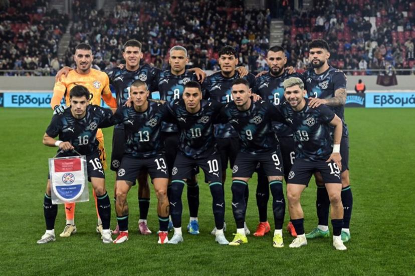 Paraguay's players pose for a team photo ahead of the friendly football match between Greece and Paraguay at the Georgios Karaiskaki Stadium in Athens on March 27, 2026.   Aris MESSINIS / AFP