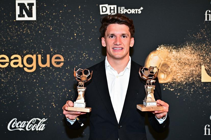 Club's Christos Tzolis poses for the photographer with his trophies during the Pro League Awards 2026, for the best players in the 1st and 2nd divisions of the 2025-2026 Belgian soccer championships, on Monday 25 May 2026, in Antwerp. BELGA PHOTO DIRK WAEM