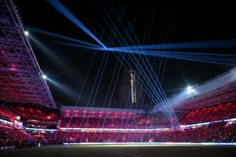This photograph shows the stadium light show prior to the UEFA Champions League knockout phase play-off 2nd leg football match between PSV Eindhoven and Juventus at the Philips Stadion in Eindhoven on February 19, 2025.  NICOLAS TUCAT / AFP