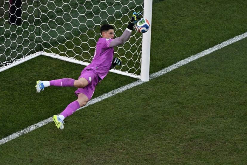 Paraguay's goalkeeper #12 Orlando Gill saves the penalty kick by Germany's forward #07 Kai Havertz (unseen) during the penalty shootout of the 2026 World Cup round of 32 football match between Germany and Paraguay at the Boston Stadium in Foxborough on June 29, 2026.   Jewel SAMAD / AFP