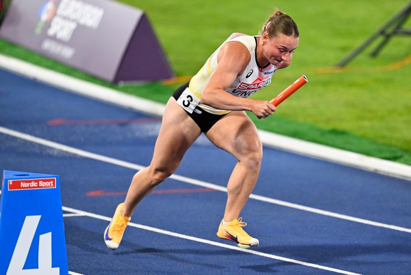 Belgian Rani Vincke pictured in action at the final of the women's 4x100m relay race, on the seventh day of the European Athletics Championships (August 10-18) in Birmingham, United Kingdom, on Saturday 15 August 2026. BELGA PHOTO ERIC LALMAND
