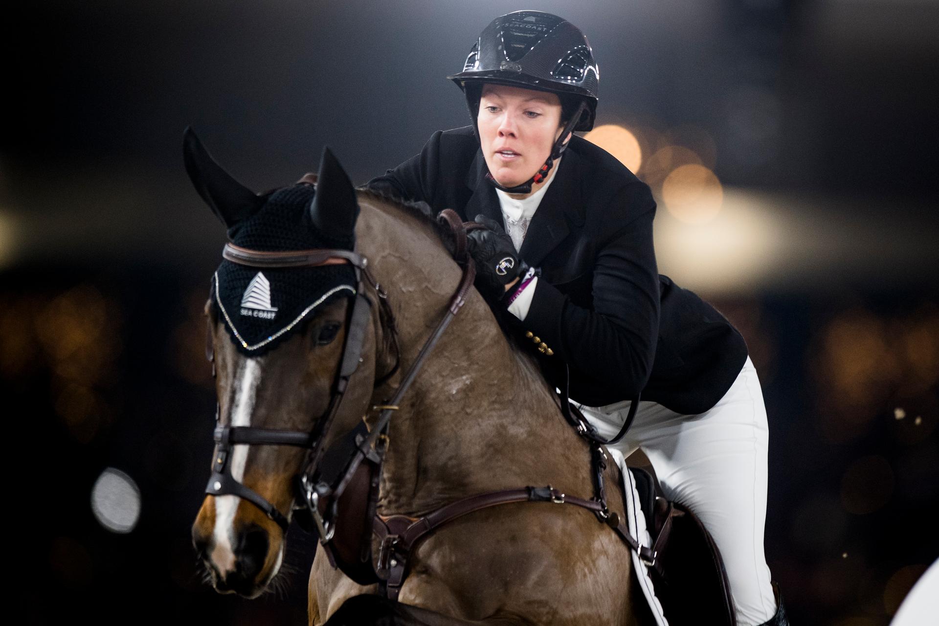 Belgian Gudrun Patteet  with Sea Coast Pebbles Z pictured in action during the FEI World Cup Jumping competition at the 'Vlaanderens Kerstjumping - Memorial Eric Wauters' equestrian event, in Mechelen, Sunday 30 December 2018. BELGA PHOTO JASPER JACOBS