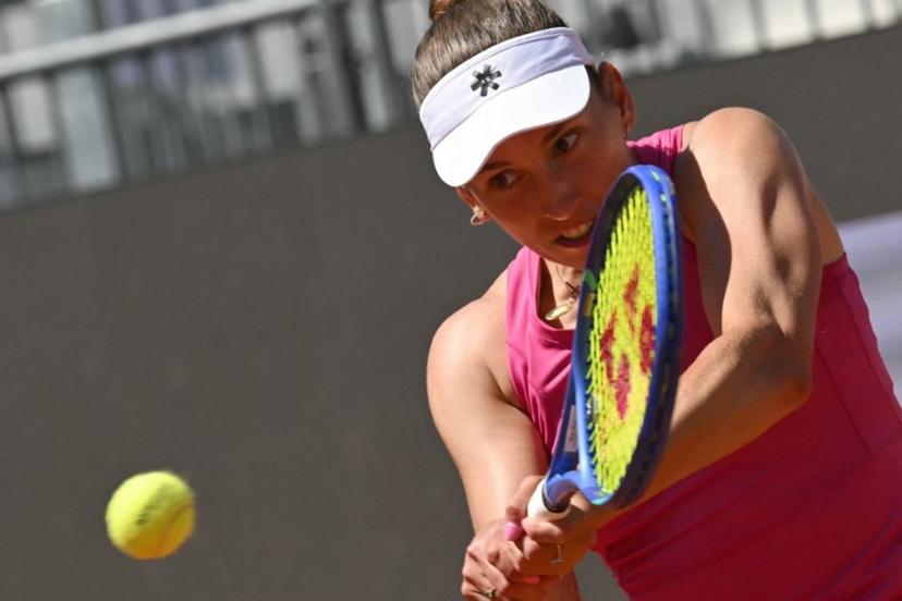 Belgium's Elise Mertens hits a return to Russia's Mira Andreeva during the WTA Rome Open tennis tournament at Foro Italico in Rome on May 11, 2026.   Andreas SOLARO / AFP