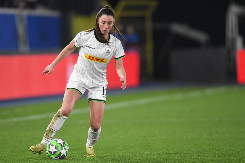 OHL Women's Aurelie Reynders pictured in action during a soccer match between Oud-Heverlee Leuven Women and English Arsenal, Wednesday 17 December 2025 in Heverlee, game 6 (out of 6) in the league phase of the UEFA Women's Champions League competition. BELGA PHOTO JILL DELSAUX