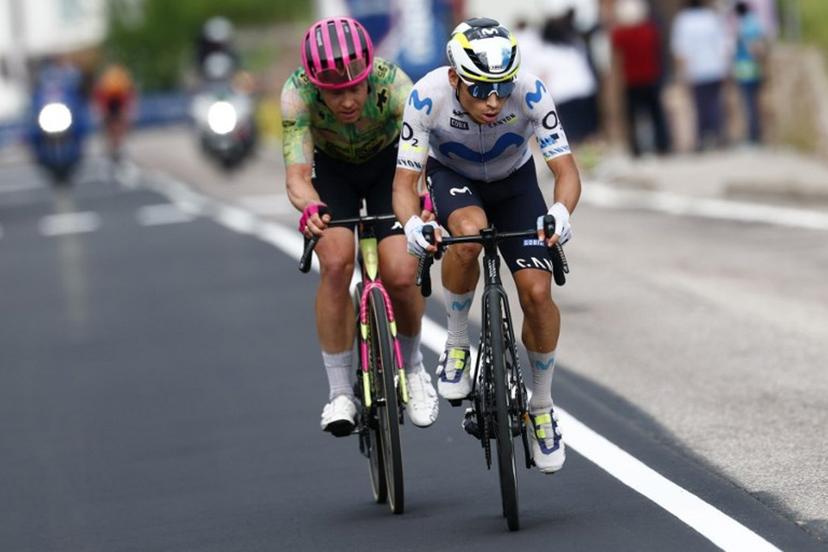 Movistar Team Colombian rider Einer Rubio (R) and EF Education - EasyPost Danish rider Michael Valgren ride at the front of the race during the 17th stage of the Giro d'Italia 2026 - Tour of Italy cycling race between Cassano d'Adda and Andalo, Italy, on May 27, 2026.  Luca Bettini / AFP