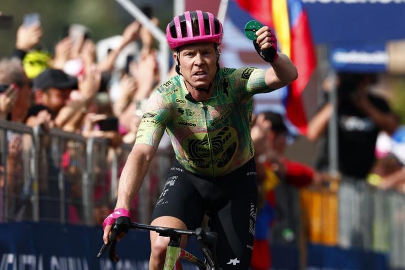 EF Education - EasyPost Danish rider Michael Valgren celebrates as he crosses the finish line to win the 17th stage of the Giro d'Italia 2026 - Tour of Italy cycling race between Cassano d'Adda and Andalo, Italy, on May 27, 2026.  Luca Bettini / AFP