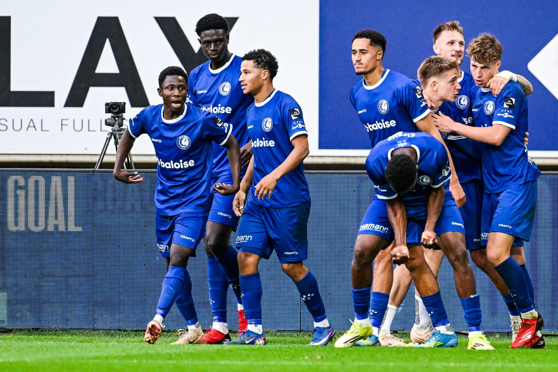 Gent's Tibe De Vlieger celebrates after scoring during a soccer match between KAA Gent and Racing Genk, Sunday 31 May 2026 in Gent, an European Play-off game of the 2025-2026 'Jupiler Pro League' first division of the Belgian championship. BELGA PHOTO TOM GOYVAERTS