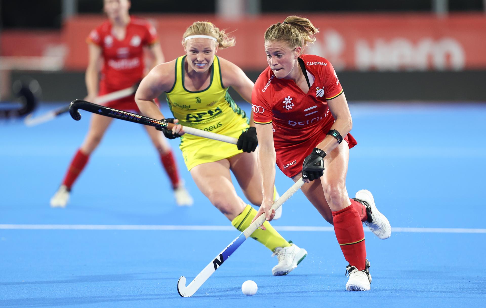 Belgium's Alix Gerniers fights for the ball during a hockey game between Belgian national team Red Panthers and Australia, Tuesday 23 June 2026 in Wavre, match 13/16 in the group stage of the women's FIH Pro League competition. BELGA PHOTO VIRGINIE LEFOUR
