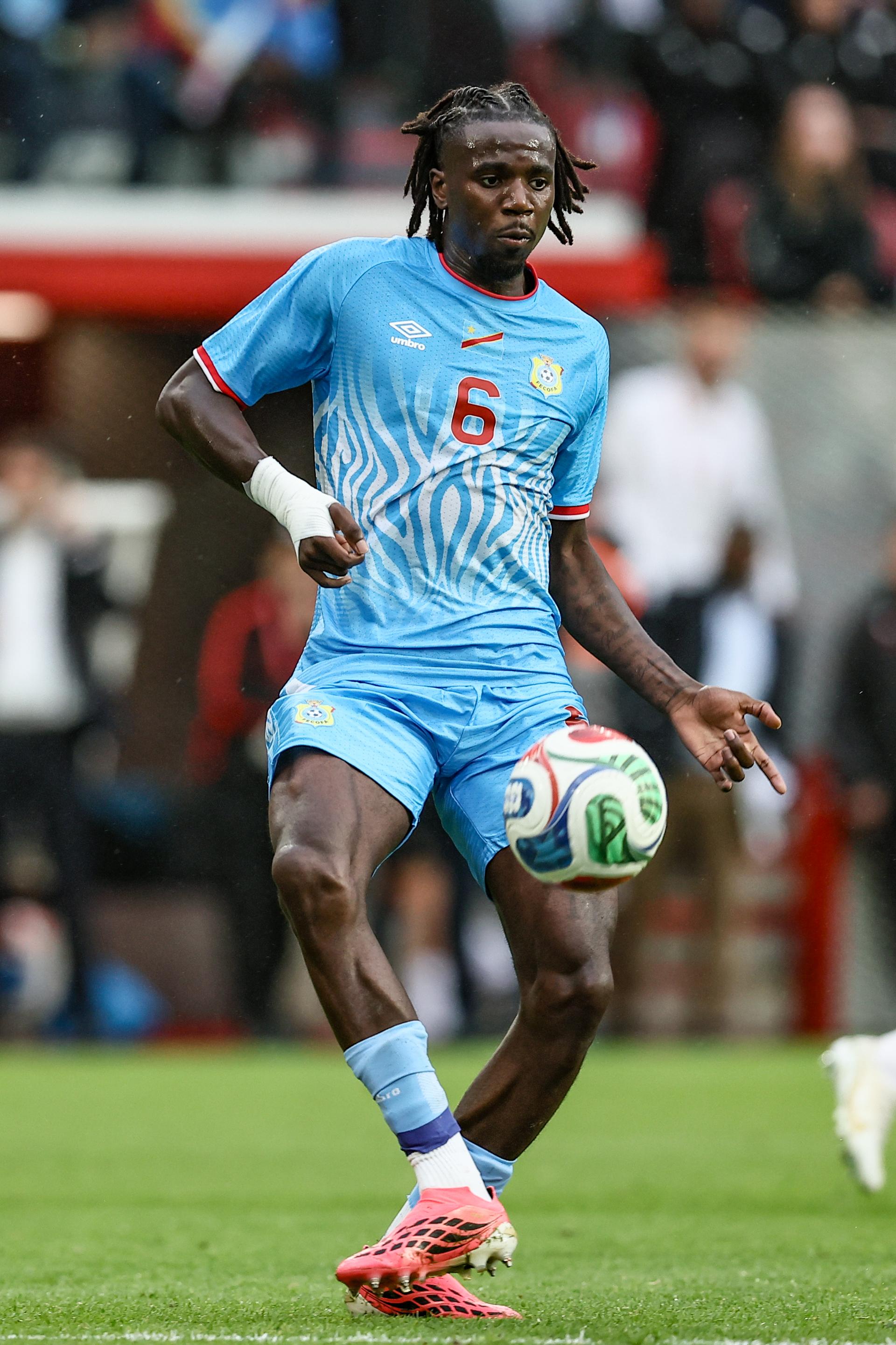 Congolese Ngal'ayel Mukau pictured in action during a friendly soccer game between the national teams of DR Congo and Denmark, Wednesday 03 June 2026 in Liege, in preparation of the upcoming the 2026 World Cup. BELGA PHOTO BRUNO FAHY