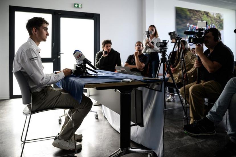 Decathlon CMA-CGM team's French rider Paul Seixas delivers remarks to journalists during a press conference at team's performance headquarters in La Motte-Servolex, central-eastern France, on May 6, 2026. French teenage prodigy Paul Seixas announced on May 4 that he will ride the Tour de France in July for the first time, raising hopes of a first home winner in more than four decades. JEFF PACHOUD / AFP