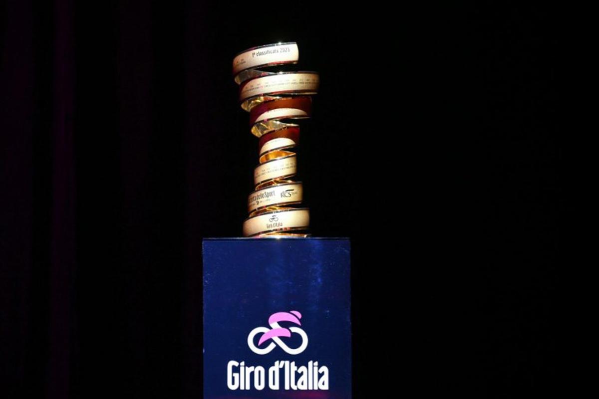 The trophy 'Senza Fine' (Infinity) is shown on stage before the presentation of the official route of the Giro d'Italia and Giro d'Italia Women 2025 (Tour of Italy) cycling races, in Rome on January 13, 2025.  Andreas SOLARO / AFP