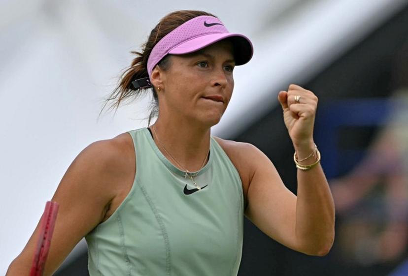 Germany's Tatjana Maria celebrates winning a game in the second set Latvia's Jelena Ostapenko during their women's semi-final tennis match on day five of the Lexus Eastbourne Open at Devonshire Park, Eastbourne, on the south coast of England on June 26, 2026.  Glyn KIRK / AFP