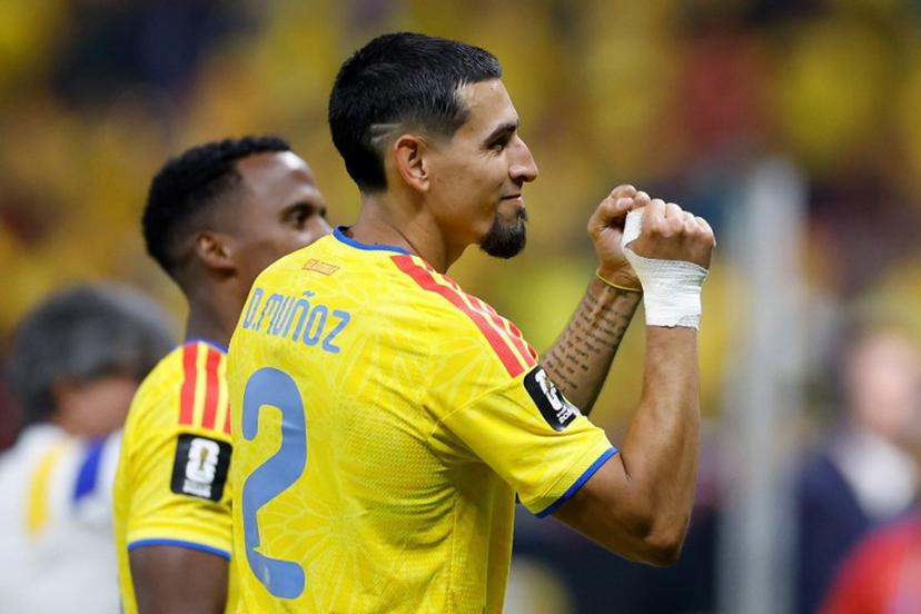 Colombia's defender #02 Daniel Munoz celebrates after winning the 2026 World Cup Group K football match between Colombia and Democratic Republic of Congo at the Guadalajara Stadium in Zapopan on June 23, 2026.   Ulises RUIZ / AFP