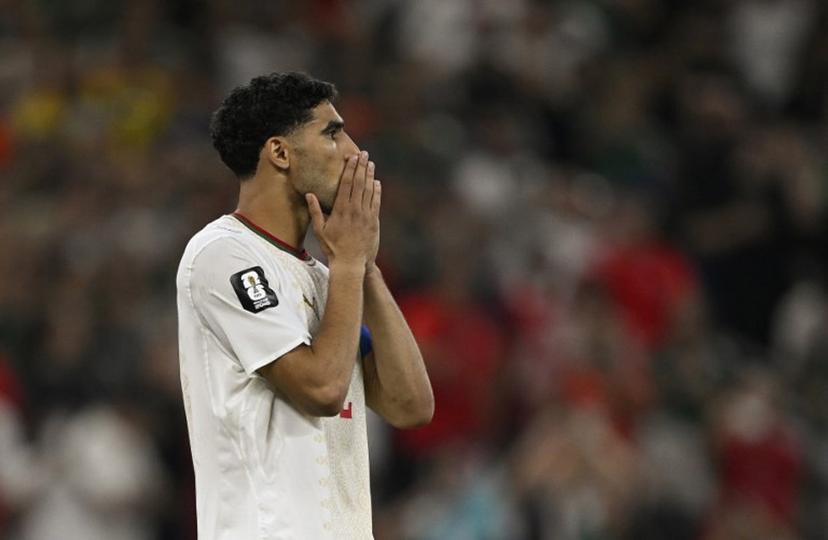 Morocco's defender #02 Achraf Hakimi reacts after missing his penalty in the shootout during the 2026 World Cup round of 32 football match between the Netherlands and Morocco at the Monterrey Stadium in Guadalupe on June 29, 2026.   Alfredo ESTRELLA / AFP