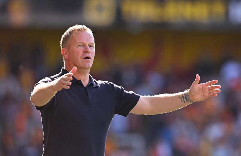 STVV's head coach Wouter Vrancken reacts after winning a soccer match between KV Mechelen and Sint-Truiden VV, Sunday 26 April 2026 in Mechelen, on the fifth day of the Champion's Play-offs of the 2025-2026 'Jupiler Pro League' first division of the Belgian championship. BELGA PHOTO JOHN THYS