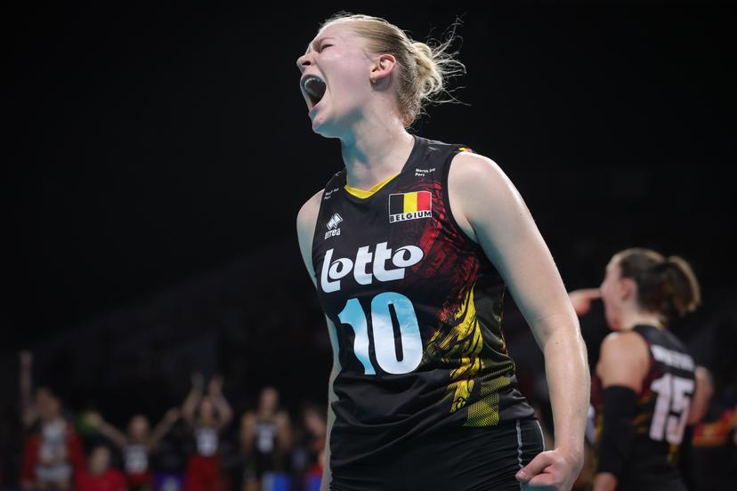 Belgium's Pauline Martin celebrates after scoring during a volleyball game between Turkey and Belgian national women volleyball team Yellow Tigers, Sunday 27 August 2023 in Gent, the 1/8th finals of the 2023 European Women's Championships. The 2023 EuroVolley tournament takes place from August 15 to September 3. BELGA PHOTO VIRGINIE LEFOUR