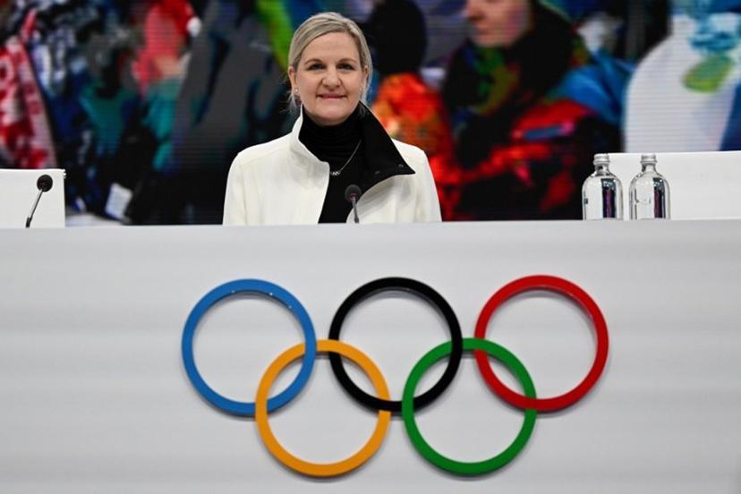 IOC President Kirsty Coventry chairs the first day of the 145th IOC Session, in Milan, northern Italy, on February 3, 2026.  Daniel MUÑOZ / AFP