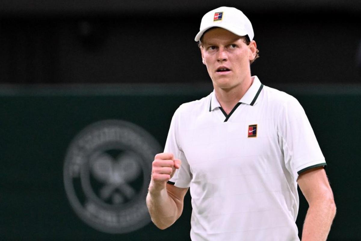 Italy's Jannik Sinner celebrates beating Japan's Shintaro Mochizuki during their men's singles round of 16 tennis match on the seventh day of the 2026 Wimbledon Championships at The All England Lawn Tennis and Croquet Club in Wimbledon, southwest London, on July 5, 2026.  Kirill KUDRYAVTSEV / AFP