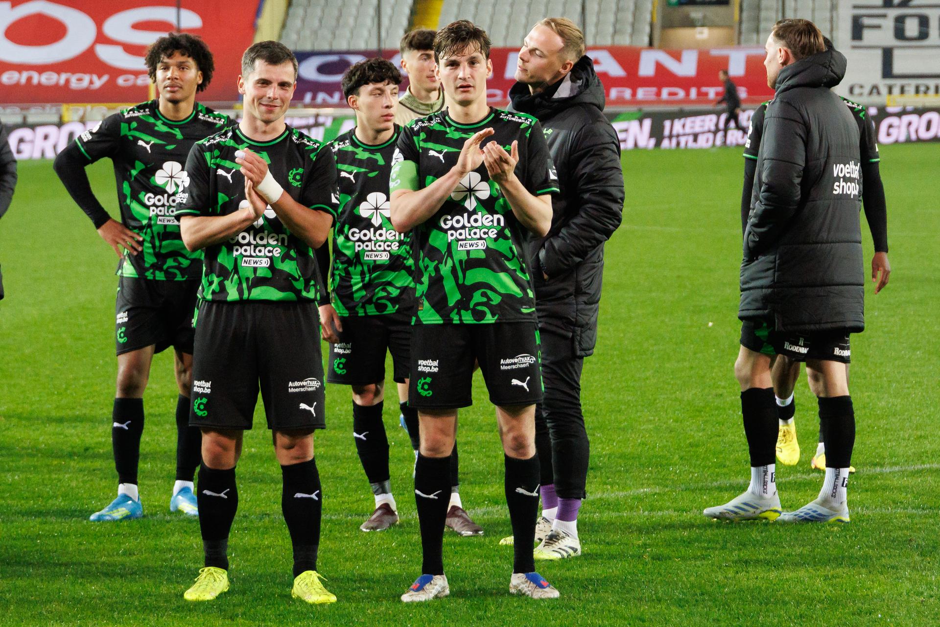 Cercle's Dante Vanzeir and Cercle's Pieter Gerkens celebrate after winning a soccer match between Cercle Brugge and FCV Dender EH, Friday 24 April 2026 in Brugge, on day four of the Relegation Play-offs of the 2025-2026 'Jupiler Pro League' first division of the Belgian championship. BELGA PHOTO KURT DESPLENTER