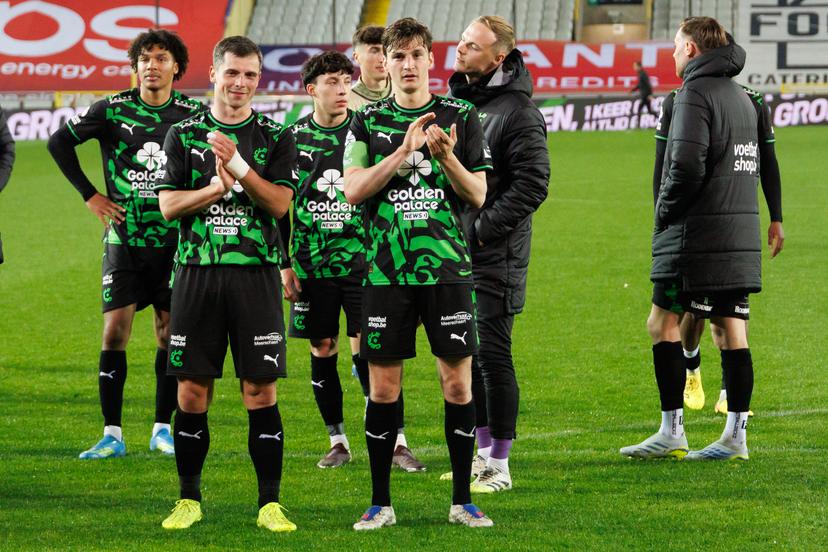 Cercle's Dante Vanzeir and Cercle's Pieter Gerkens celebrate after winning a soccer match between Cercle Brugge and FCV Dender EH, Friday 24 April 2026 in Brugge, on day four of the Relegation Play-offs of the 2025-2026 'Jupiler Pro League' first division of the Belgian championship. BELGA PHOTO KURT DESPLENTER