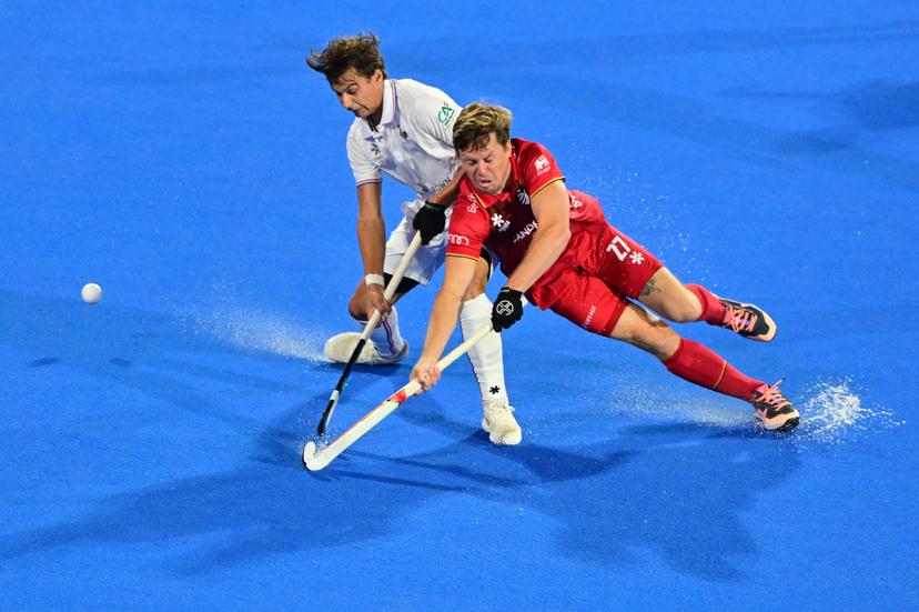 France's Gaspard Baumgarten and Belgium's Tom Boon pictured in action during a hockey game between Belgium's Red Lions and France, the first (out of three) matches during the group stage of the men's 2026 Hockey World Cup, Saturday 15 August 2026 in Wavre. The 2026 edition of the Hockey World Cup takes place in Belgium and The Netherlands from August 15 to August 30. BELGA PHOTO DIRK WAEM