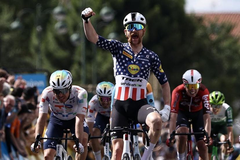 Lidl-Trek's US rider Quinn Simmons celebrates as he crosses the finish line to win the 4th stage of the Tour Auvergne-Rhone-Alpes cycling race (formerly known as the Criterium du Dauphine), 167,4km between Le Puy-en-Velay and Montrond-les-Bains, central France, on June 10, 2026.  Anne-Christine POUJOULAT / AFP