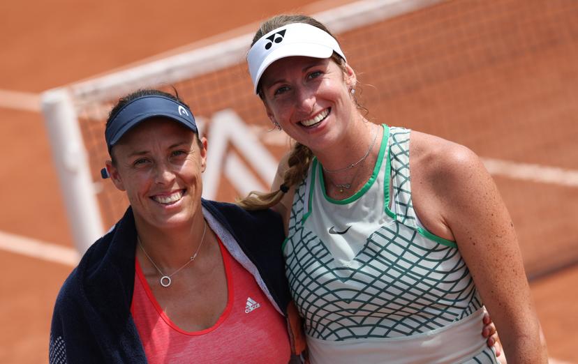 Slovenian Andreja Klepac and Belgian Magali Kempen celebrate after winning a doubles tennis match between Brazilian-Argentinian pair Martins-Sierra and Belgian-Slovenian pair Kempen-Klepac, in the second round of the women's doubles at the Roland Garros French Open tennis tournament, in Paris, France, Saturday 30 May 2026. This year's tournament takes place from 18 May to 07 June. BELGA PHOTO VIRGINIE LEFOUR