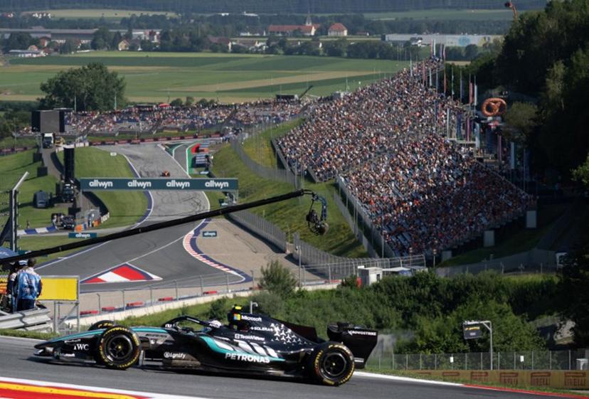 Mercedes' British driver George Russell drives during the second practice session at the Red Bull Ring race track in Spielberg, Austria on June 26, 2026, ahead of the Formula One Austrian Grand Prix.  Joe KLAMAR / AFP