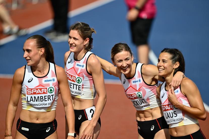 Belgian Kylie Lambert; Belgian Helena Ponette; Belgian Paulien Couckuyt and Belgian Camille Laus celebrate after the women's 4x400m relay on the fifth day of the European Athletics Championships (August 10-18) in Birmingham, United Kingdom, on Friday 14 August 2026. BELGA PHOTO ERIC LALMAND