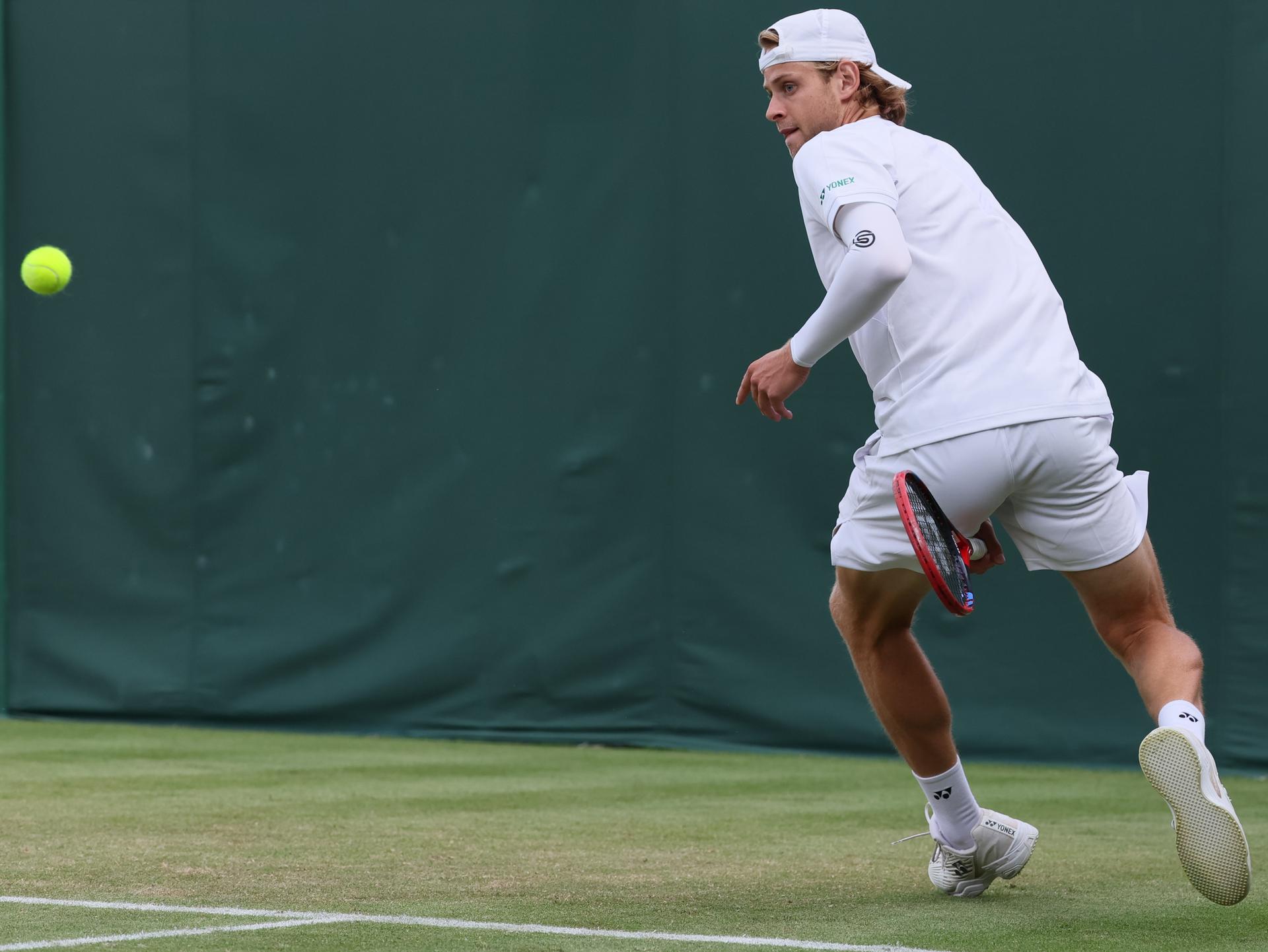 Belgian Zizou Bergs pictured in action during a doubles tennis match between French pair Doumbia-Reboul and Belgian-Canadian pair Bergs-Diallo, in the first round of the men's doubles at the 2025 Wimbledon grand slam tournament, Thursday 03 July 2025 at the All England Tennis Club, in South-West London, Britain. BELGA PHOTO BENOIT DOPPAGNE