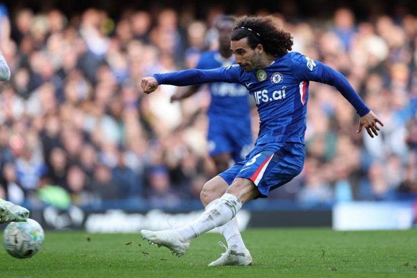 Chelsea's Spanish defender #03 Marc Cucurella shoots but the shot goes wide during the English Premier League football match between Chelsea and Manchester City at Stamford Bridge in London on April 12, 2026.  Adrian Dennis / AFP