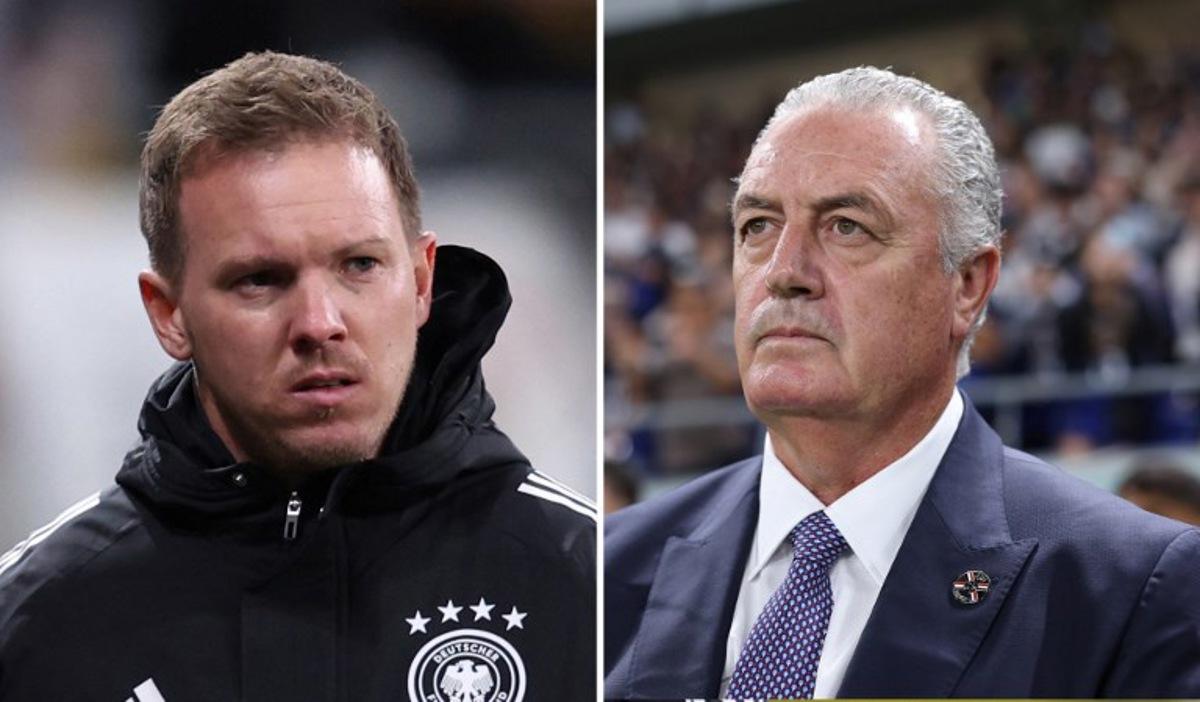 (COMBO) This combination of file photos created on June 28, 2026, shows Germany's head coach Julian Nagelsmann looking on ahead of the FIFA World Cup 2026 European qualification Group A football match between Germany and Slovakia, at the Red Bull Arena in Leipzig, eastern Germany on November 17, 2025 and Paraguay's coach Gustavo Alfaro standing for the national anthem before the international friendly football match between Japan and Paraguay at Panasonic Stadium in Suita, Osaka Prefecture on October 10, 2025. Germany and Paraguay will meet in a 2026 World Cup round of 32 football match at the Boston Stadium in Foxborough on June 29, 2026. Ronny HARTMANN, Paul MILLER / AFP