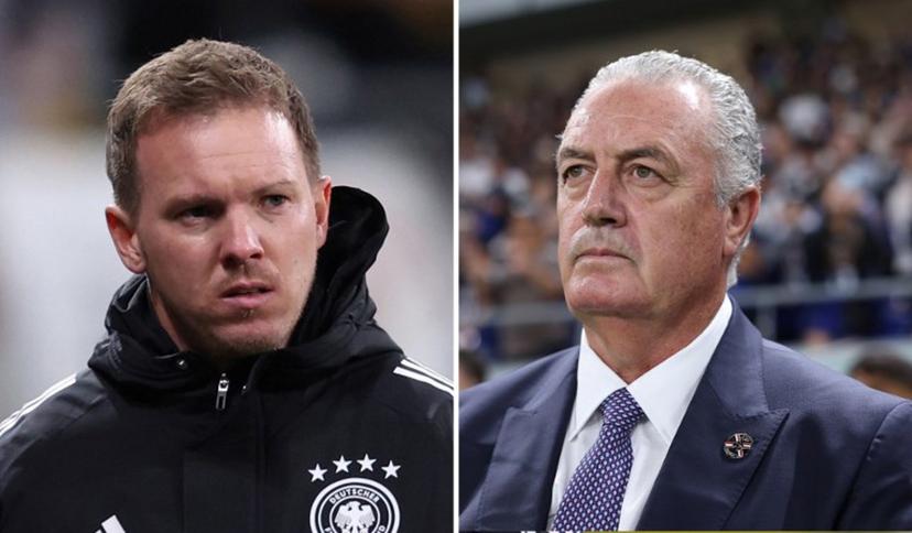 (COMBO) This combination of file photos created on June 28, 2026, shows Germany's head coach Julian Nagelsmann looking on ahead of the FIFA World Cup 2026 European qualification Group A football match between Germany and Slovakia, at the Red Bull Arena in Leipzig, eastern Germany on November 17, 2025 and Paraguay's coach Gustavo Alfaro standing for the national anthem before the international friendly football match between Japan and Paraguay at Panasonic Stadium in Suita, Osaka Prefecture on October 10, 2025. Germany and Paraguay will meet in a 2026 World Cup round of 32 football match at the Boston Stadium in Foxborough on June 29, 2026. Ronny HARTMANN, Paul MILLER / AFP