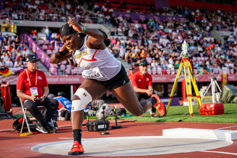 Belgian Nafy Thiam pictured during the Shot Put competition of the European Athletics U20 Championships, in Tampere, Finland, Saturday 09 August 2025. The European U20 championships take place from 07 to 10 August.  BELGA PHOTO COEN SCHILDERMAN
