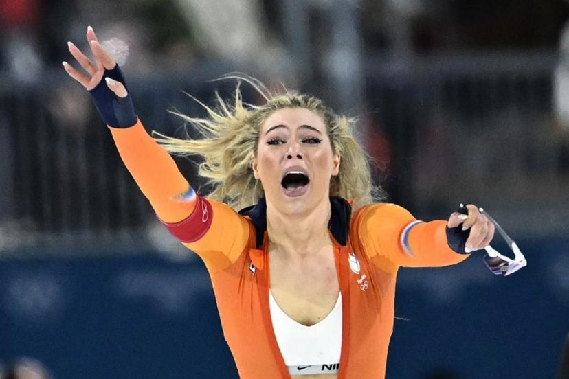 Netherlands' Jutta Leerdam reacts after winning gold in the speed skating women's 1000m during the Milano Cortina 2026 Winter Olympic Games at Milano Speed Skating Stadium in Milan on February 9, 2026.  WANG Zhao / AFP