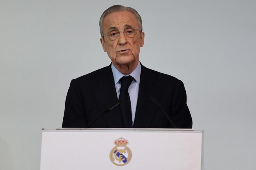 Real Madrid's President Florentino Perez delivers a speech duirng traditional year-end holiday gathering of journalists and other guests at the Santiago Bernabeu stadium in Madrid on December 15, 2025.  Thomas COEX / AFP