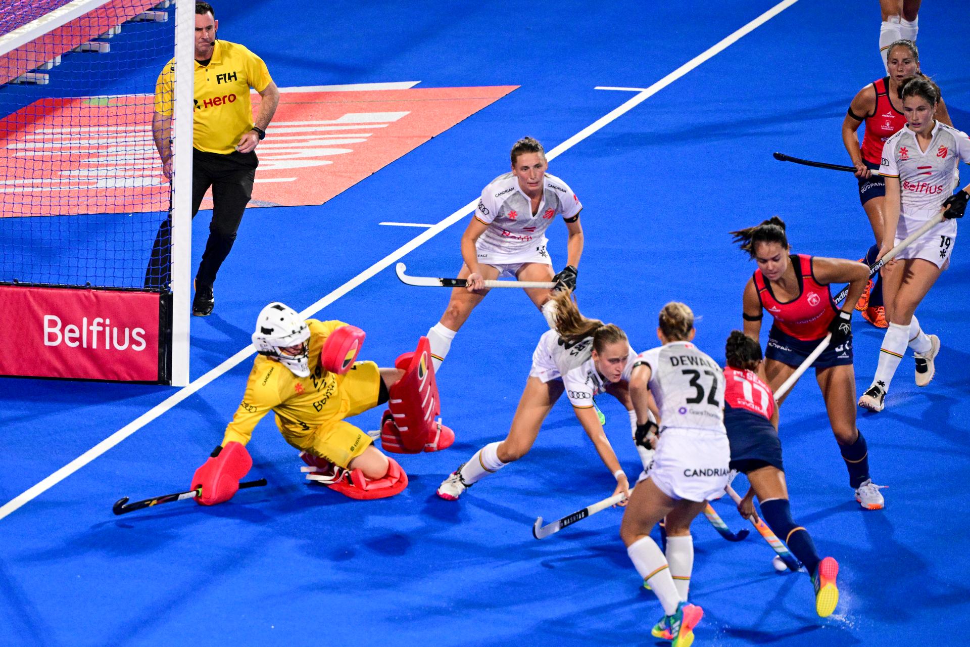 Belgium's goalkeeper Elena Sotgiu pictured during a field hockey game between Belgian national team Red Panthers and Spain during the group stage of the women's 2026 Hockey World Cup, on Tuesday 18 August 2026, in Wavre. The 2026 edition of the Hockey World Cup takes place in Belgium and The Netherlands from August 15 to August 30. BELGA PHOTO DIRK WAEM