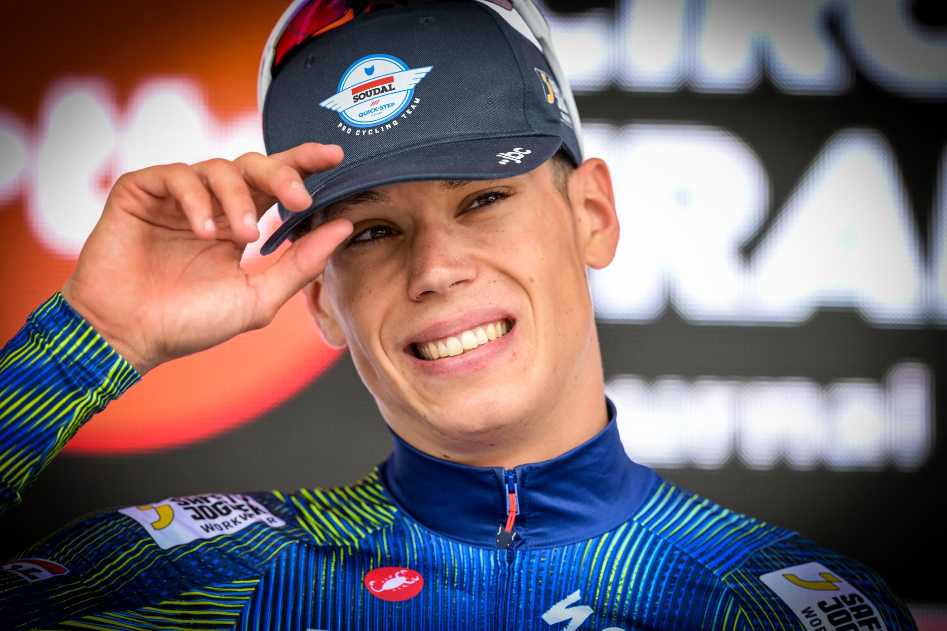 French Paul Magnier of Soudal Quick-Step pictured on the podium after the Circuit Franco-Belge cycling race, 195,6 km from Tournai to Mont-de-l'Enclus, stage 6 (out of 9) of the Lotto Cycling Cup, on Wednesday 10 June 2026. BELGA PHOTO DAVID PINTENS