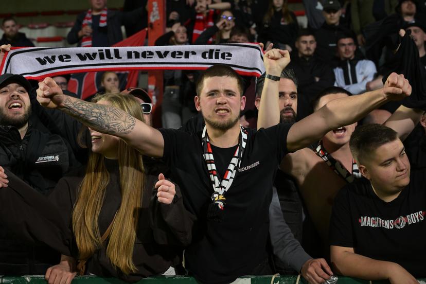 Rwdm's supporters pictured after losing a soccer game between KV Kortrijk and RWDM Brussels, Friday 17 April 2026 in Kortrijk, on day 34 of the 2025-2026 'Challenger Pro League' 1B second division of the Belgian championship. BELGA PHOTO DAVID PINTENS