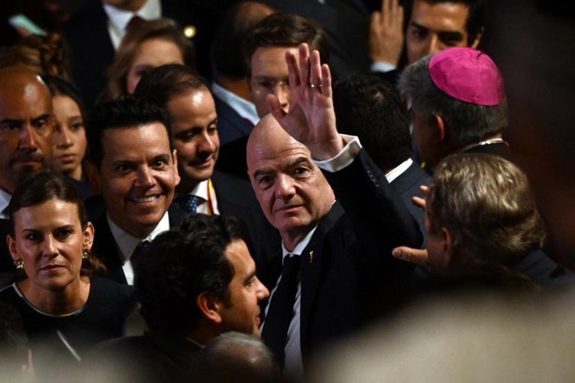 FIFA's president Gianni Infantino waves on arrival for the swearing-in ceremony of Colombia's new President Abelardo de la Espriella at Universidad Santiago de Cali in Cali, Colombia, on August 7, 2026.  Luis ACOSTA / AFP