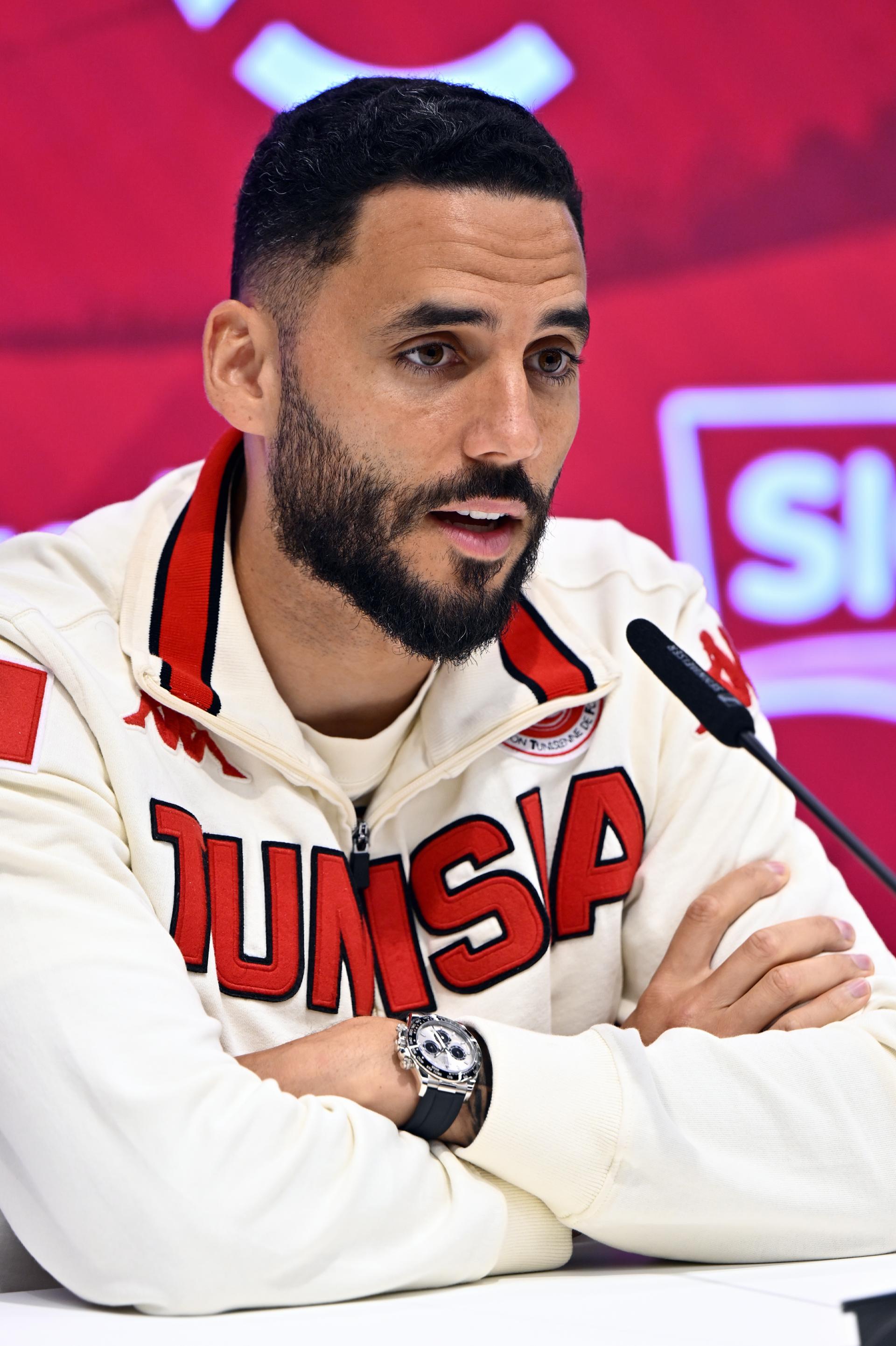Tunisian Dylan Bronn pictured during a press conference of the Tunisian national soccer team, in Brussels, on Friday 05 June 2026. Tunisia is playing a friendly game against Belgian national soccer team Red Devils tomorrow, part of the preparations for the 2026 FIFA World Cup. BELGA PHOTO ERIC LALMAND
